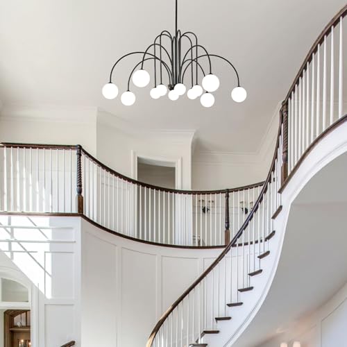 Black Sputnik Chandelier with Milk Glass Globe 12 Lights L52 Inch