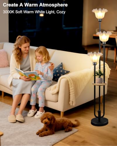 Flower Floor Lamp for Living Room Dimmable Vintage Floor Lamp with Shelf & Bulbs Included Mid Century Black Floral Standing Tall Lamp for Bedroom (3 Count)