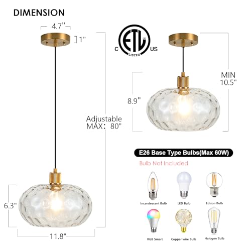Glass Pendant Lights Kitchen Island 12 Inch Adjustable Pendant Light Fixtures with Hand