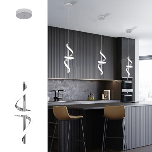 Modern Pendant Light Kitchen Island Lighting 6000K Chrome LED Pendant Light Fixtures Over Island Adjustable Height Pendant Lighting for Kitchen Island Dining Room Bedroom Pendant Lamp