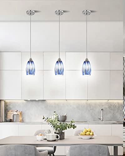 Mini Art Glass Dark Blue Pendant Lights Kitchen Island Hand Blown Mini Glass Pendant Lights with Brush Nickel Finish Adjustable Cord for Kitchen Over Sink