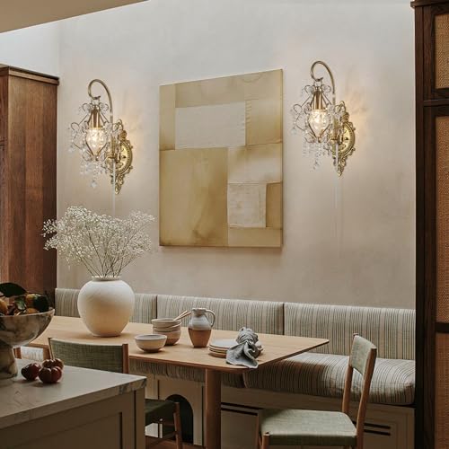 Plug in Cord Gold Crystal Vintage Indoor Wall Sconces Light Set of 2 (2 Count)