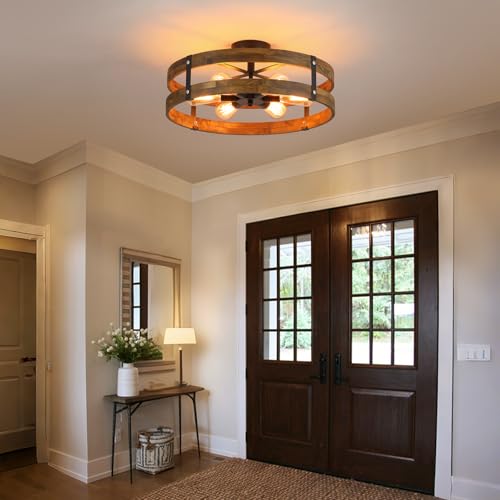6 Light Large Rustic Farmhouse Wood Flush Mount Ceiling Light Fixture 20 inch Oak Wood and Metal Round Drum Semi Flush Mount Ceiling Light for Hallway Entry Farmhouse Bedroom Living Room