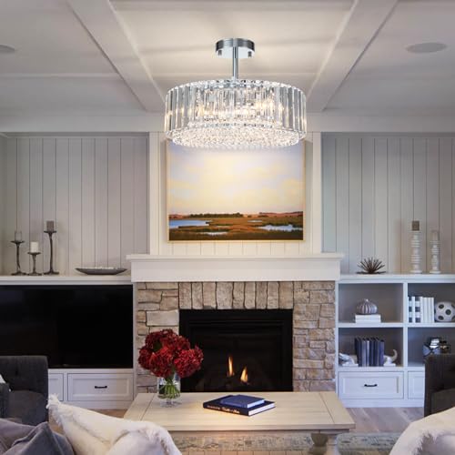 15.8“ Modern Crystal Chandelier Chrome Round Semi Flush Mount Ceiling Light Fixture Chandelier for Living Room Dinning Room Bedroom Hallway Entryway Kitchen
