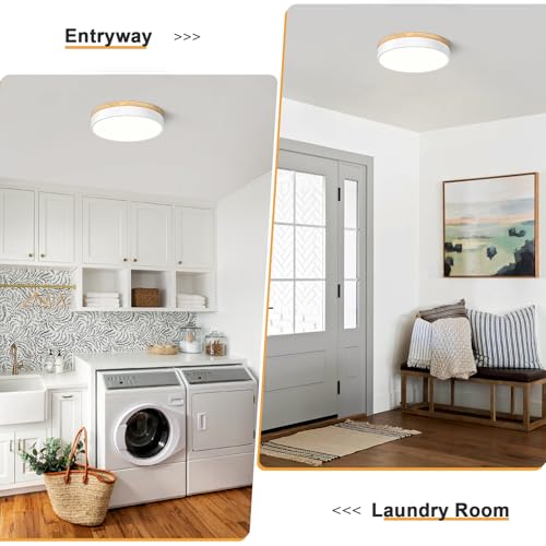 Dimmable LED Wood White Round Flush Mount Ceiling Light 11.81 Inch
