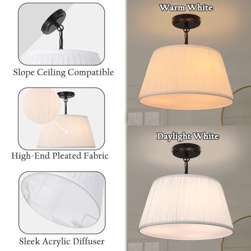 15”Dia White Pleated Drum Shade Semi Flush Mount Ceiling Light