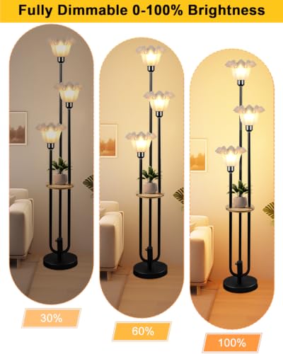 Flower Floor Lamp for Living Room Dimmable Vintage Floor Lamp with Shelf & Bulbs Included Mid Century Black Floral Standing Tall Lamp for Bedroom (3 Count)