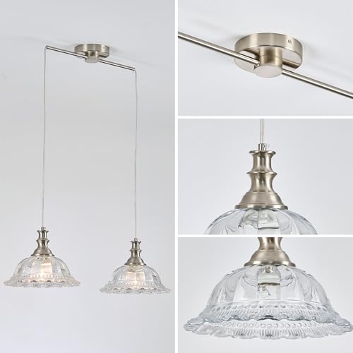 2 Light Pendant Light Fixtures Modern Glass Hanging Lights with Adjustable Cord for Kitchen Island Dining Room Living Room Hallway Brushed Nickel Metal