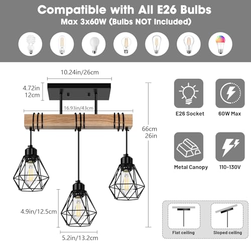 3 Lights Farmhouse Dining Room Pendant Light Fixtures Over Table
