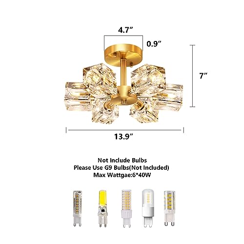 Semi Flush Mount Ceiling Light Fixture Modern 6 Lights Gold Crystal Chandelier