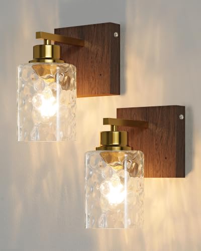 Hammered Glass Battery Operated Wall Sconces Set of Two Gold & Walnut