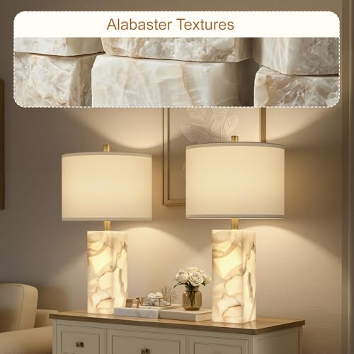 23" Alabaster Table Lamp Set of 2 with Night Light for Living Room (2 Count)