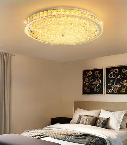 24" Modern Crystal Chandelier Dimmable LED Flush Mount Ceiling Light with Remote Control for Bedroom Hallway Dining Room Silver
