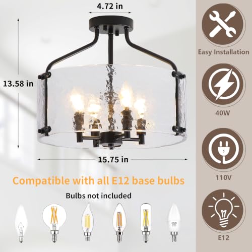 Glass Drum Black Semi Flush Mount Ceiling Light 16'' Modern Light Fixture