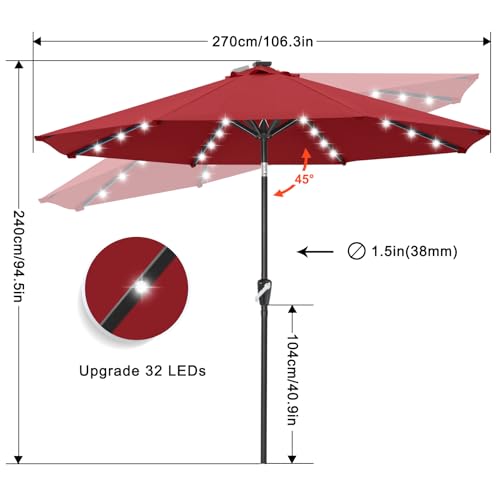 Solar Led Patio Umbrella with 32 Lights 9FT