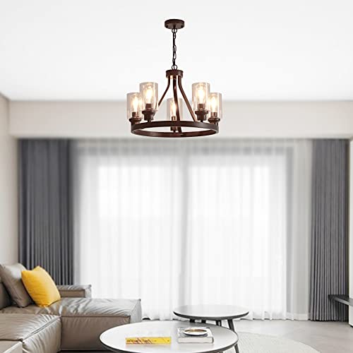 Farmhouse Chandelier Lighting Round 5 Lights Oil Rubbed Bronze with Glass Shade Ceiling Hanging Vintage Rustic Light Fixture for Dining Room Living Room Foyer Porch Kitchen Island