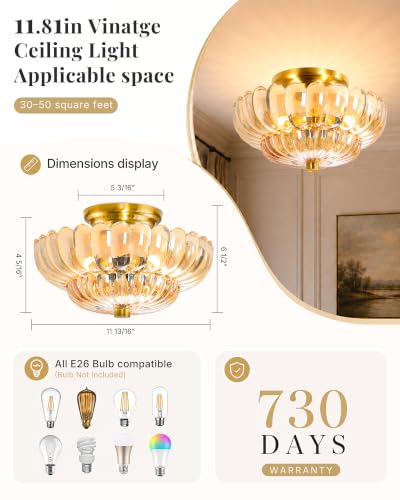 Semi Flush Mount Ceiling Light Fixture 11.8" Vinatge Gold Ceiling Lights Mid Century Modern Glass Close to Ceiling Lighting Fixtures for Bedroom Hallway Foyer Bathroom Kitchen Entryway