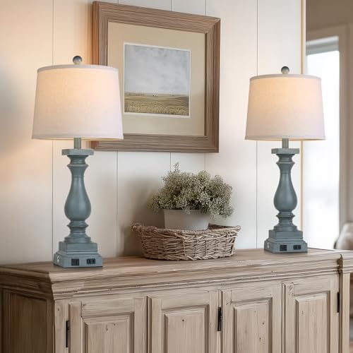 28" Tall Farmhouse Table Lamp with USB C+A Ports and AC Outlet