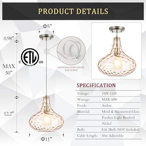 11" Amber Hammered Glass Pendant Light