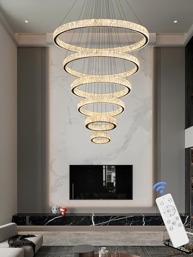 Extra Large 6 Ring Crystal Chandelier Modern LED Long Crystal Chandelier for High Ceiling Height Adjustable Black D8+15.7"+23.6"+31.5"+39.4"+47.5" Dimmable 2700K