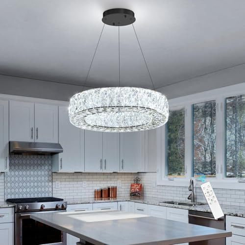 16 Inch Chandelier Glam Dimmable LED Crystal Chandeliers Luxury Round Pendant Lighting Fixtures for Dining Room Bedrooms Black