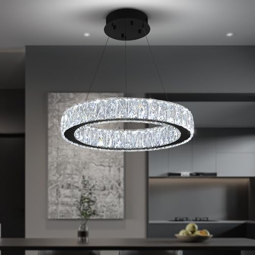 Modern 23.6'' Ring Crystal Chandelier Adjustable LED Ring Pendant Light Dimmable Black Round Crystal Chandelier Light for Dining Room Living Room