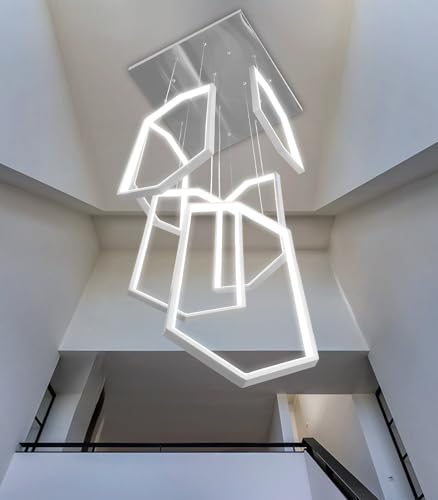 6 Rings Modern Chandelier LED Dimmable Pendant Lighting Adjust Flush Mount Ceiling Light for Foyer Lobby Living Room Staircaes Sliver 78.7''