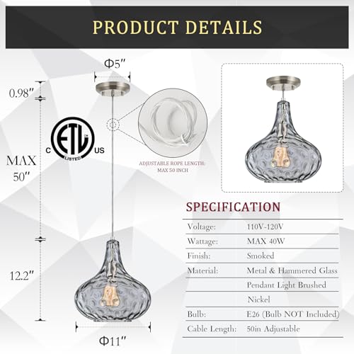 11" Smoked Hammered Glass Pendant Light