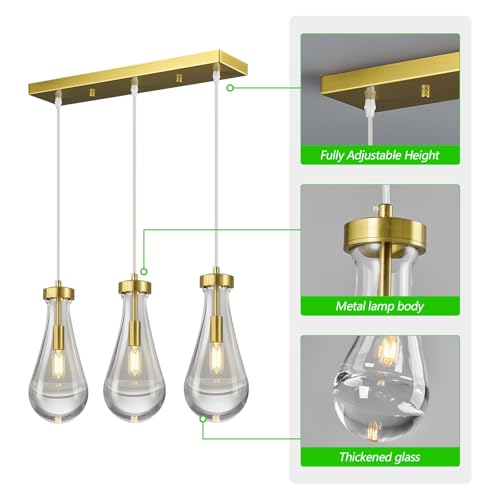 Raindrop Pendant Lights Kitchen Island Teardrop Gold Hanging Light Fixtures Clear Solid Glass Pendant Light Modern Chandeliers for Dining Room Porch Corridor Living Room