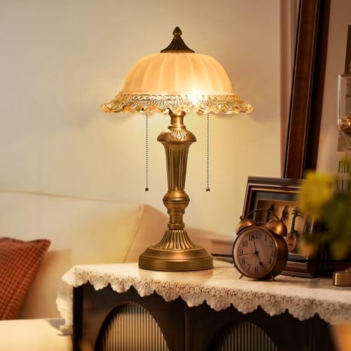Glass Shade Table Lamp Vintage Metal Desk Lamp 2 Lights Table Light with Plug Switch for Bedroom Living Room Home Office Brass and Brown (2 Count)