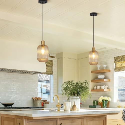 2 Pack Pendant Lights with Vintage Amber Ribbed Glass Lampshade (2 Count)
