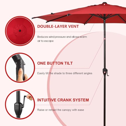 11FT Lyon Outdoor Patio Umbrella Outdoor Table Umbrella with Push Button Tilt and Crank Market Umbrella 8 Sturdy Ribs UV Protection Waterproof for Garden Deck Backyard Pool Dark Red