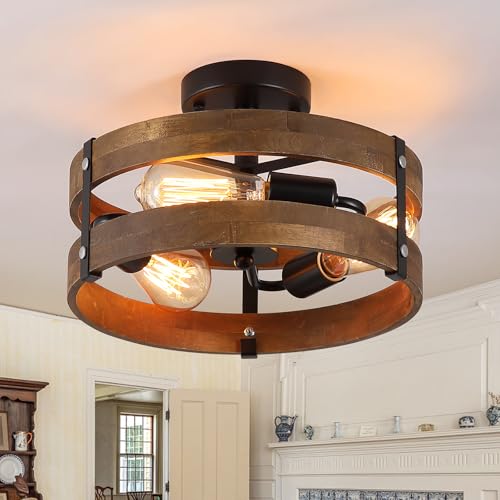3 Light Rustic Farmhouse Wood Flush Mount Ceiling Light Fixture 12.59 inch Oak Wood and Metal Round Cage Semi Flush Mount Ceiling Light for Hallway Entry Bedroom Kitchen Hall Farmhouse