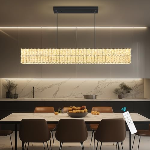 Rectangular Crystal Chandelier with Dimmable LED Lights Dining Room Remote Ceiling Pendants Lighting Fixtures for Kitchen Island Matte Black