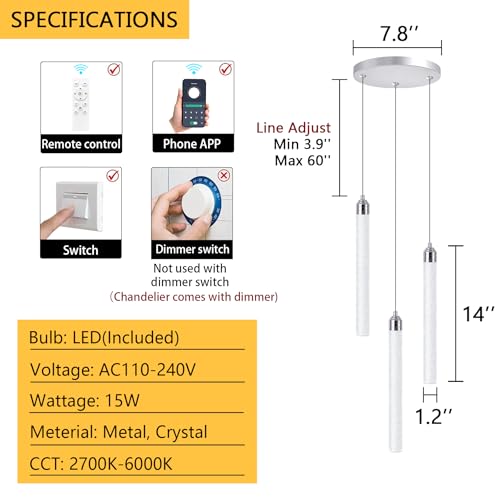 Mini Chandelier Crystal Pendant Lights Integrated LED Pendant Light Fixtures Kitchen Island Chandeliers Pendant Lighting for Dining Room Bubble Chromed Finished Ceiling Hanging Lights 2700K 6000K (3 Count)