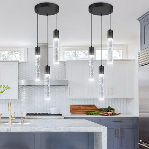 3 Lights Pendants Light for Kitchen Island Chandeliers Dining Room Pendant Lighting Fixture Bubble Crystal Ceiling Hanging Lights Bedroom Island Kitchen 6000K White Light Fixtures Black