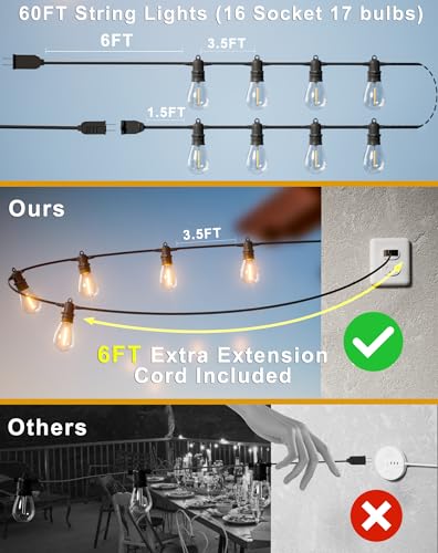 60FT LED Outdoor String Lights with 16+1 Edison Shatterproof Waterproof Bulbs (25 Count)