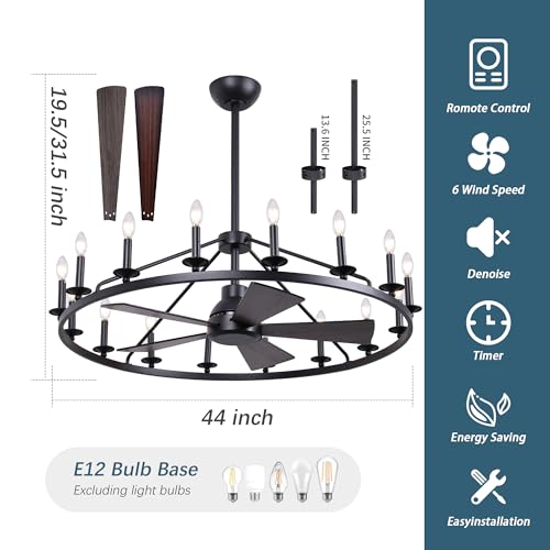 44" Black Wagon Wheel Ceiling Fan with 16 (16 Count)