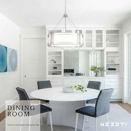 20.4''Drum Chandelier,5-Light Brushed Nickel Modern White Fabric Chandeliers,Farmhouse Round Pendant Light Fixture for Dining Room Kitchen Island Living Room Bedroom Hallway