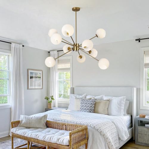 White Milk Glass Hanging Chandelier 10 Lights Mid Century Modern Globe Sputnik Chandelier Gold Pendant Light Fixture Frosted Glass Large Adjustable Dining Room Ball Hanging Chandelier