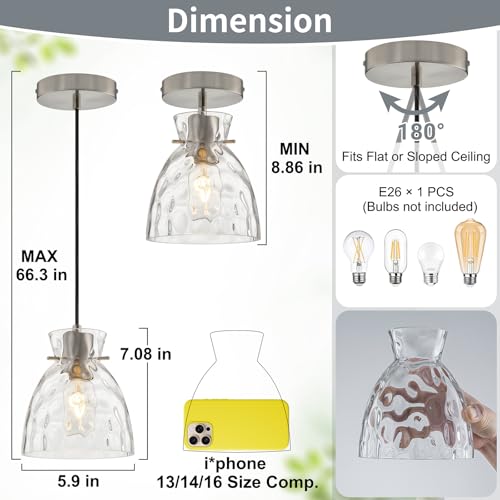 5.9" Hammered Glass Mini Pendant Lights for Kitchen Island Brushed Nickel (2 Count)