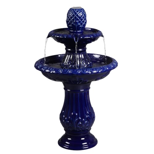 2 Tier Dark Blue Ceramic Pedestal Fountain