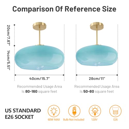 Blue Semi Mount Ceiling Light Fixtures Hallway 15.7″Round Dome Shade