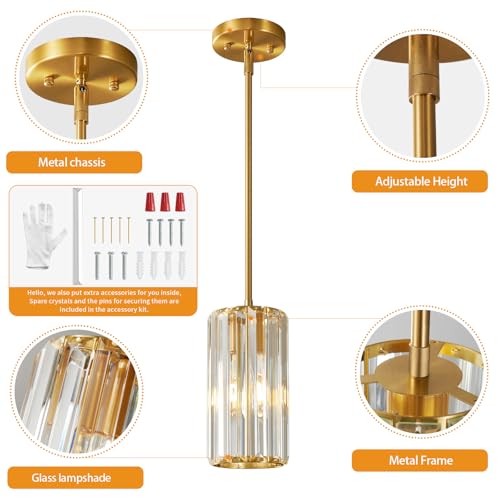 Gold Pendant Lighting Modern Pendant Light Mini Crystal Chandeliers Adjustable Pendant Light Fixture for Kitchen Island Dinning Room Corridor Bedroom (2 Count)