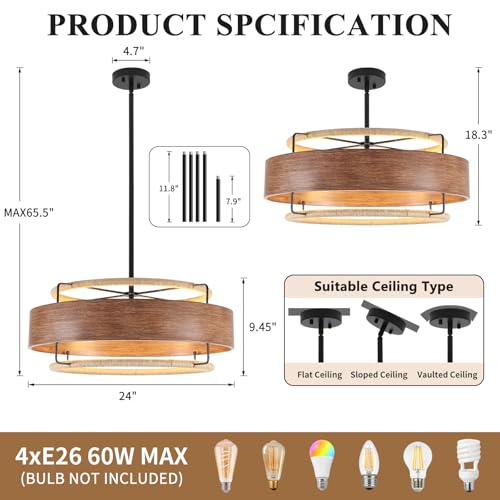 24" Farmhouse Rattan Chandelier