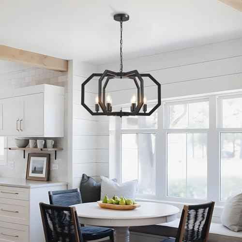 Lanhall 6 Light Farmhouse Chandelier Black Dining Room Light Fixture Modern Rustic Geometric Hanging Pendant Light for Living Room, kitchen Island, Foyer, Entryway, Hallway, Stairway Adjustable Height