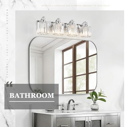 4 Light Modern Bathroom Light Fixture Chrome Vanity Lights Over Mirror Wall Sconce Lighting with K9 Crystal Shades Bathroom Wall Lamp E26 Base for Bedroom