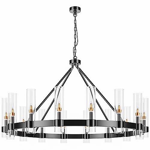 48 Inch Black Wagon Wheel Chandelier with Glass Shade