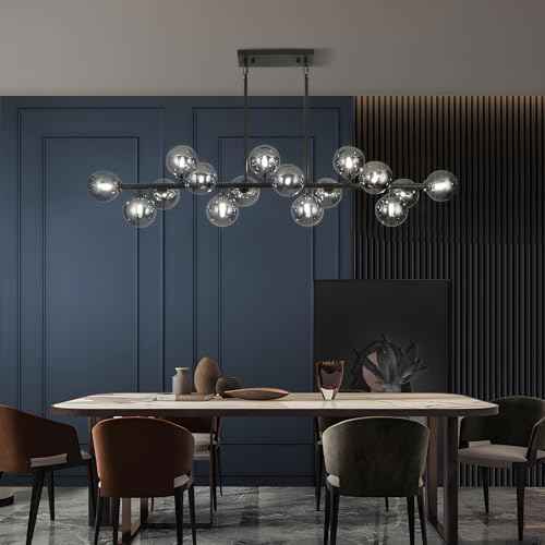 Mid Century Modern Chandelier 55in Linear Bubble Chandeliers 16-Light Black & Gray Sputnik Pendant Lighting Fixture for Dining Room Kitchen Island