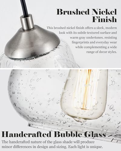 8 Inch Bubble Glass Pendant Light Industrial Kitchen Island Globe Hanging Pendant Light Fxiture Modern Hand Blown Seeded Glass for Farmhouse Dining Room Bar Bedroom Living Room Brushed Nickel